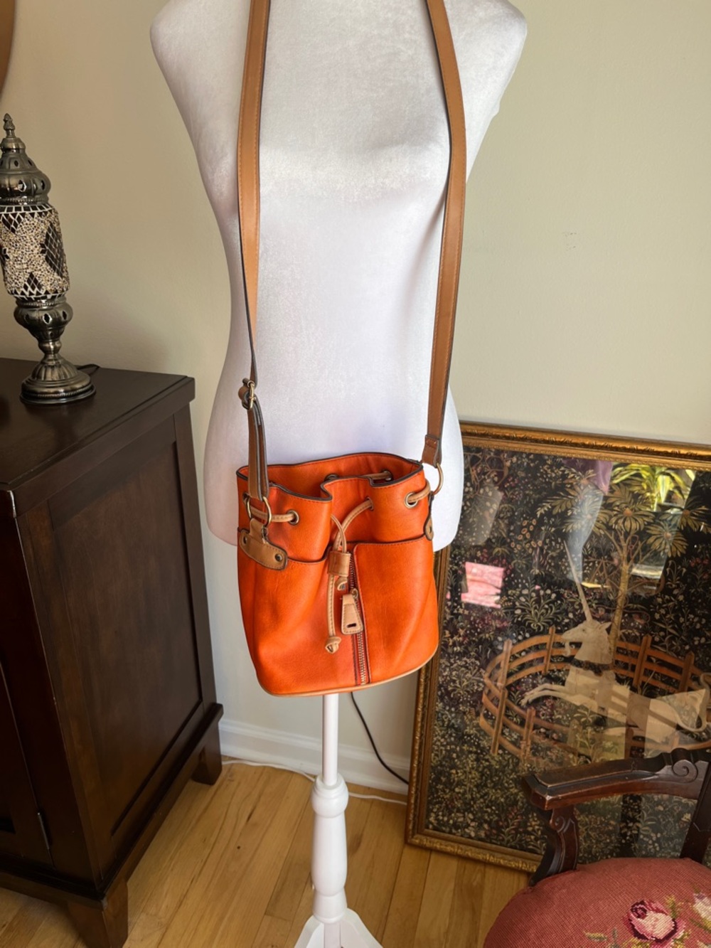 Bueno Orange Leather Bucket Crossbody with Tan Strap